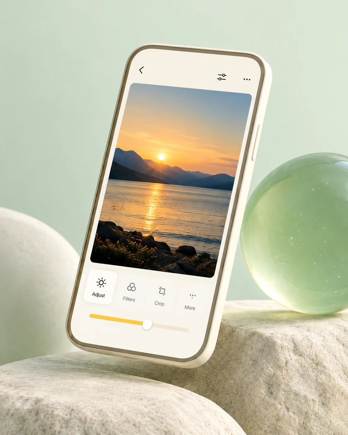 A creative photo app concept on a pale sage background