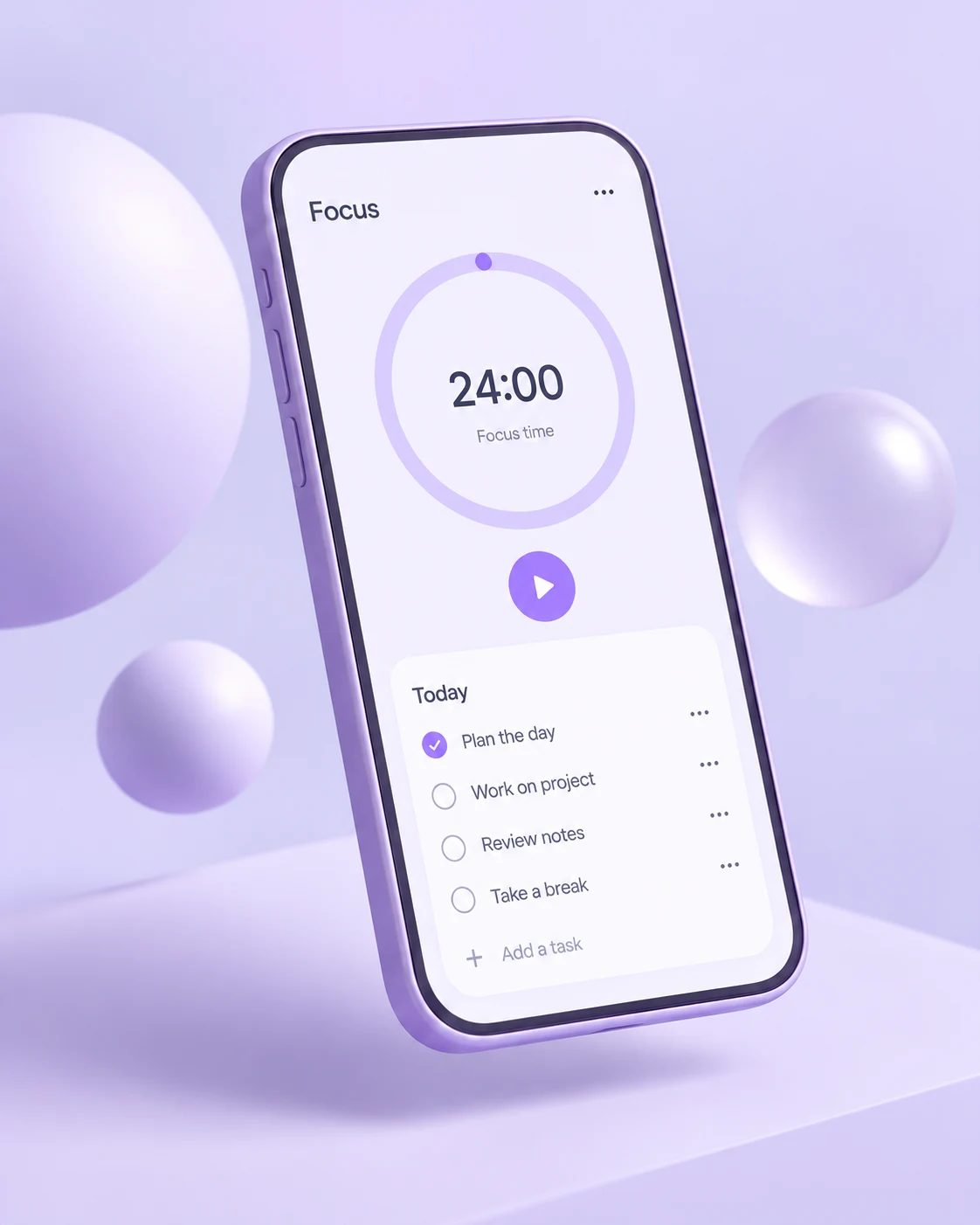 Lavender app concept with a focus timer and a simple daily planner