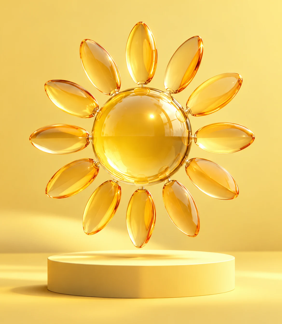 A golden glass sun floating above a sunny yellow pedestal